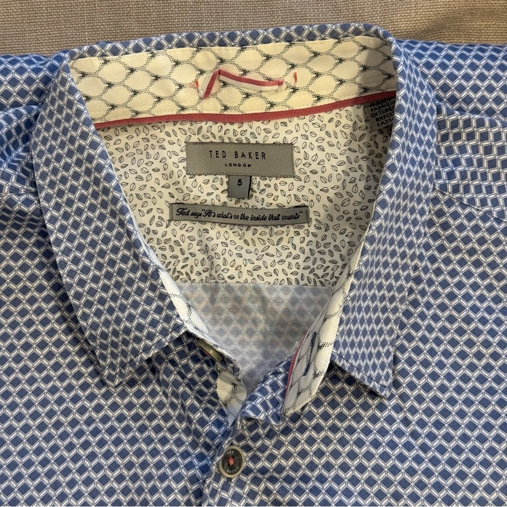 100% cotton - Ted Baker London - Geometric Short Sleeve - Blue - Men’s Shirt XL